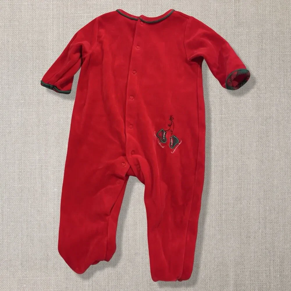 2010s Christmas Velour Skating Moose Plaid Footed Sleeper 6-9 Months